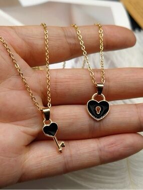 Gold & Black Heart Lock and Key Necklace Set - Women Jewelry